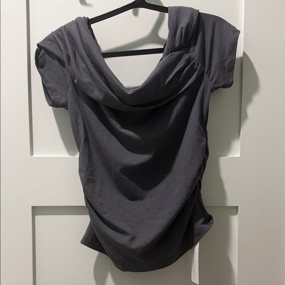 Chic Charcoal Dressy Women's Double Layer Scrunch Short Sleeve Top L